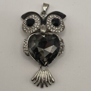 Unsigned Silver Tone Heart Owl Pendant Vintage Style Gray Rhinestone Large